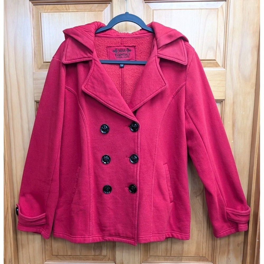 MM Essentials by Marc Mattis Women's Large Jacket Red Double-Breasted Coat Hood